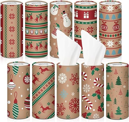 Photo 1 of 10 Pcs Christmas Car Tissues Cylinder Tissues Holder Boxes with 500 Facial Tissues Santa Tissue Box for Car Round Tissue Tubes for Cupholder Home Office Travel, 10 Styles (Snowflake)