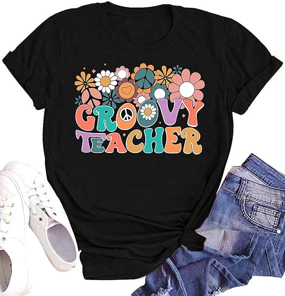 Photo 1 of   XL   Groovy Teacher Shirt for Women Retro Floral Short Sleeve Hippie 70s Boho Teacher Life Tee Top