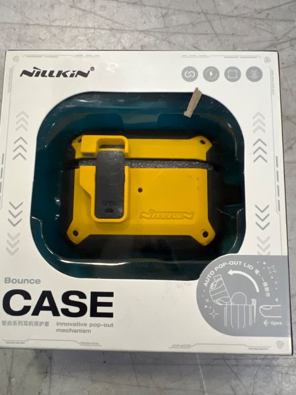 Photo 2 of Nillkin for Airpods Pro Case Cover with Secure Lock, One-Hand Open, Press Auto Pop-Out Earphone case, Military Grade Armor Solid Hard Shell PCover with Keychain for AirPod Pro 2019 Case - Yellow