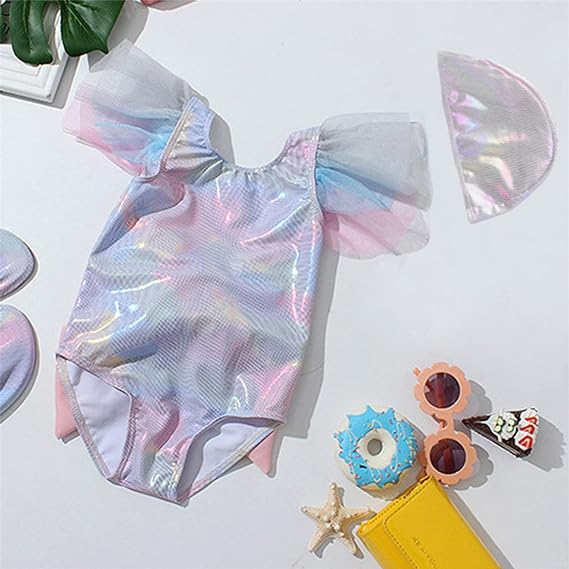 Photo 1 of Girls Bow Design Colorful Tie Dyed Ruffle-Sleeve One-Piece Swimsuit with Hat  SIZE 9/10 Y 