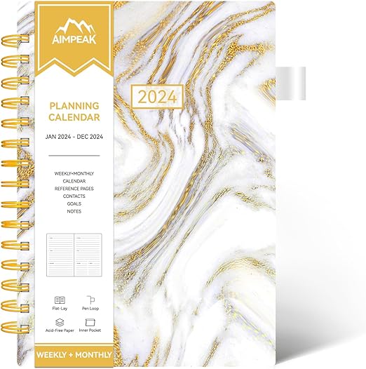 Photo 1 of 2024 Weekly and Monthly Planner, AIMPEAK 2024 Weekly Planner with Tabs, Jan. 2024 - Dec. 2024, Daily Planner with Inner Pocket, Pen Loop, Flexible Cover?Spiral Binding, White Marble, B5(10"x7")