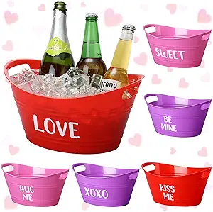 Photo 1 of 6 Pcs Valentine's Day Ice Buckets Bulk with Handles Plastic Oval Gift Basket Plastic Tub Large Capacity Oval Storage Tub for Valentines Party Weddings Anniversary (3 Colors,Word Style)
