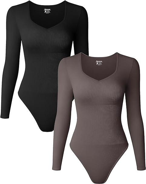 Photo 1 of  Women's 2 Piece Bodysuits Sexy Ribbed One Piece Long Sleeve Sweetheart V Neck Tops Bodysuits  size XL 