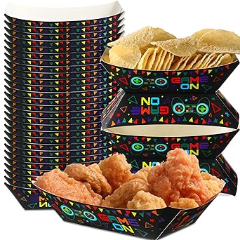 Photo 1 of 100 Pieces Video Game Birthday Party Favors 2lb Disposable Paper Food Trays Snack Trays Gamer Birthday Party Decorations Gaming Party Food Serving Trays for Nacho Hot Dogs Popcorn (Black)