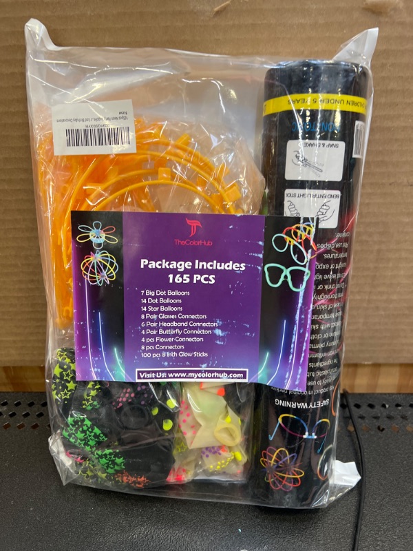 Photo 2 of 165pcs Neon Party Supplies including Happy Birthday Glow Sticks , dark Dot Balloons and Star balloons, Headband, Glasses, Flower and Butterfly Connectors Props, Perfect for Led Birthday Decorations