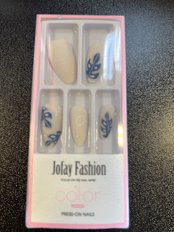 Photo 1 of Blue Press on Nails Medium, Jofay Fashion Fake Nails with Designs, Acrylic Almond Nail Tips, Natural & Reusable False Nails with Glue, Stick on Nails for Women & Girls, Blue Seaweed 24pcs C1.Blue seaweed