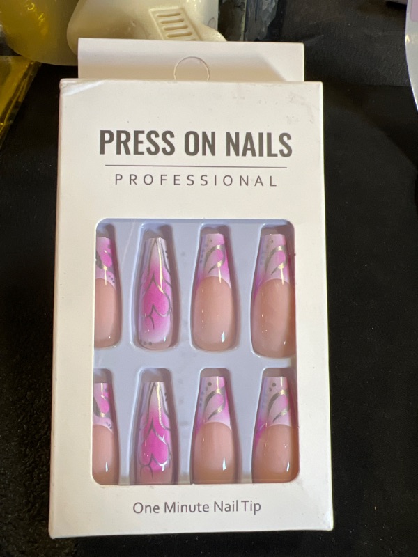 Photo 1 of White glitter French Press on nails, Medium length Press on Nails  Pink  Shiny Acrylic Fake nail Pieces, Female girl Nail art Fake Nail Kit