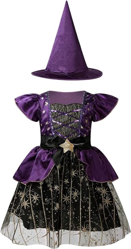 Photo 1 of Girls Witch Costume for Girls Starry Wizard Dress with Hat Halloween Party Fancy Dress   (med )