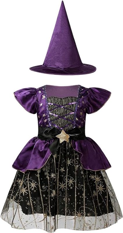 Photo 1 of Girls Witch Costume for Girls Starry Wizard Dress with Hat Halloween Party Fancy Dress  MED