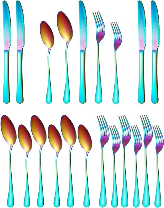 Photo 1 of 20 PCS Kitchen Cutlery Set - Stainless Steel Flatware for 4 Dishwasher Safe Kitchen Tableware Ware Include 4pcs Spoon,4pcs Fork,4pcs Knife,4pcs Dessert Fork,4pcs Teaspoon (Rainbow)
Visit the SUTETLW Store