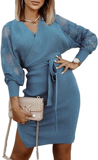 Photo 1 of XL    Women's V Neck Knit Sweater Dress Lace Stitching Long Batwing Sleeves Bodycon Short Dress