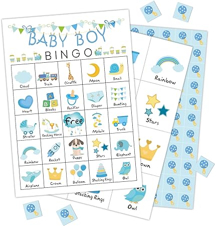 Photo 1 of   2 packs Baby Boys Bingo Game for Baby Shower Games, Gender Reveal Party Supplies, Blue Baby Shower Game, Kids Bingo Game Cards for 24 People - GAME-01
