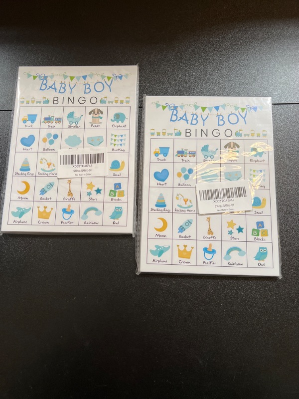 Photo 2 of   2 packs Baby Boys Bingo Game for Baby Shower Games, Gender Reveal Party Supplies, Blue Baby Shower Game, Kids Bingo Game Cards for 24 People - GAME-01