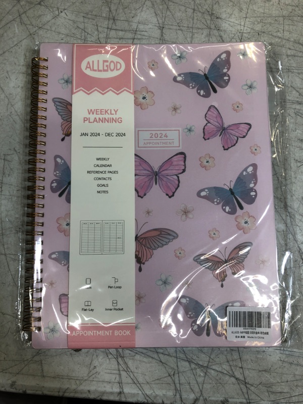 Photo 2 of 2024 Appointment Book 15 Minute Interval Hourly Planner from Jan 2024-Dec 2024 with Calendar,8.5 x 11 Weekly & Monthly Planner with Spiral Bound, Monthly Tabs, Pocket(Pink Butterfly, A4)
