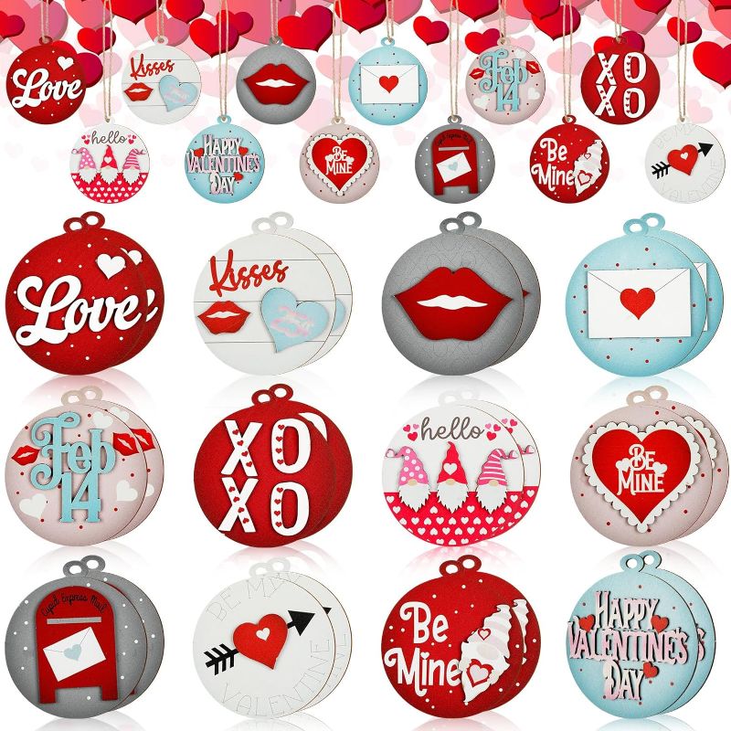 Photo 1 of 24 Pcs Valentine's Day 3D Wooden Ornaments 3.15 Inch Valentine Gift Tags Valentines Love Heart XOXO Gnome Be Mine Ornaments Round Farmhouse Hanger for Valentines Home Crafts Tree Decoration
