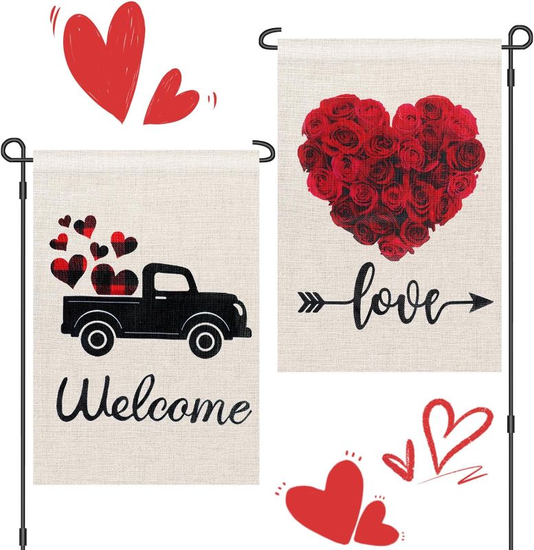 Photo 1 of 2pcs Valentines Day Garden Flag 12x18 Double Sided, Valentine Garden Flag Burlap Yard Flag for Valentine's Day Decoration Outside Heart Small Holiday Welcome Yard Decoration
