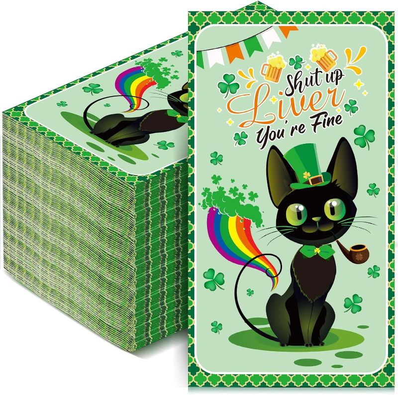 Photo 1 of 150 Pieces St. Patrick's Day Napkins Shamrock Disposable Guest Towels Beverage Napkins Irish Dinner Napkins Green Bathroom Paper Hand Towels for St. Patricks Day Party Supplies(Cat)
