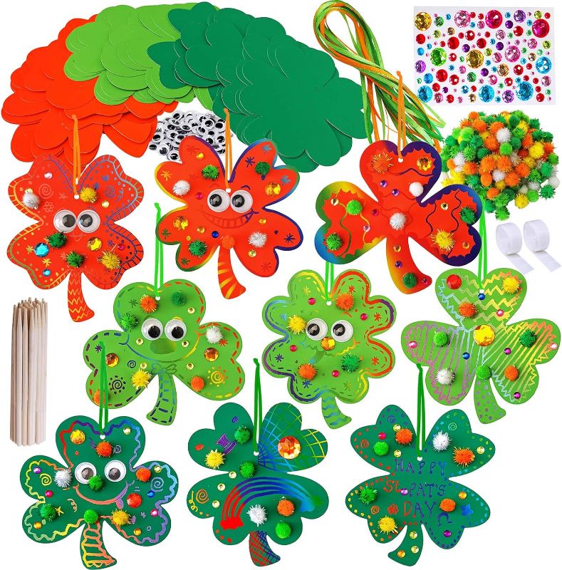 Photo 1 of 36 Sets Magic Color Scratch Art Shamrock Ornaments Craft Kits St. Patrick's Day Decorations Lucky Shamrock Four-Leaf Clover Ornaments Pom-poms Googly Eyes for Kids Classroom Home Activity Art Project

