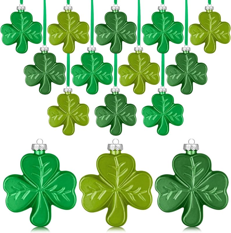 Photo 1 of 12 Pcs St. Patrick's Day Decorations for Tree 2.36 Inch Shamrock Ornaments Green Saint Patricks Day Decoration Plastic Irish Clover Hanging Bauble for Small Tree Shelf Table Party(Matte)
