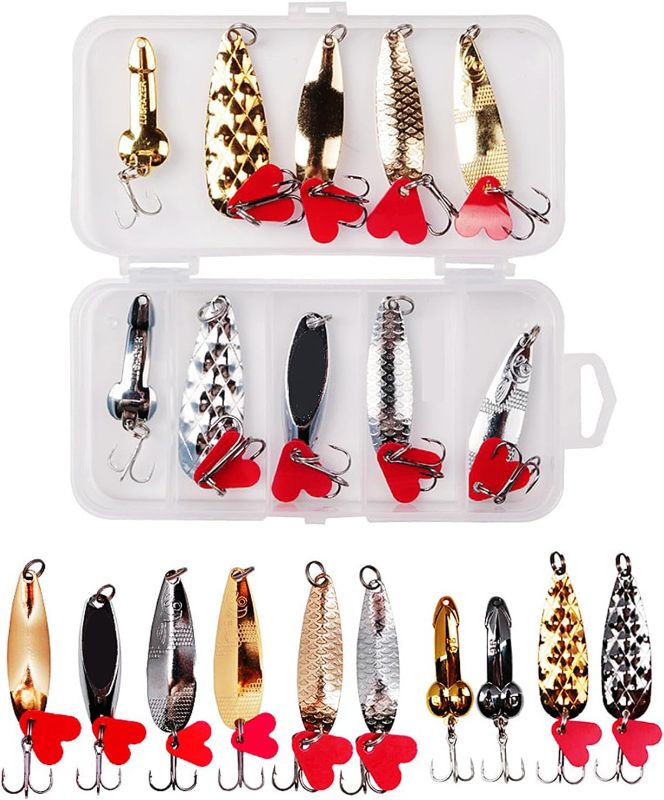 Photo 1 of 10pcs Fishing Spoons Metal Lures Kit with Hook Tackle Box, Spoons Hard Fishing Lures, Metal Fishing Lure, Metal Fishing Sequin Lures Baits for Trout, Panfish, Bass,Gift for Men
