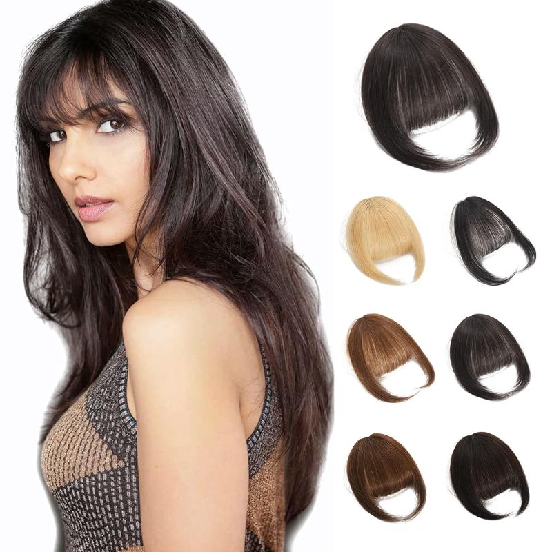 Photo 1 of Clip in Bangs - 100% Human Hair French Bangs for Women, Air Bangs Fringe with Temples Hairpieces, Curved Bangs for Daily Wear (Natural bangs, Brown Black)
