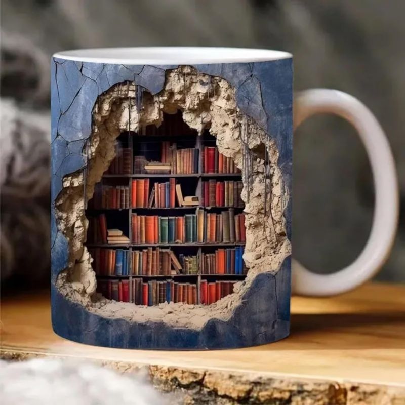 Photo 1 of 3D Bookshelf Mug - A Library Shelf Cup, Funny Library Bookshelf Mug, Book Lovers Coffee Mugs, Bookshelves Hole In A Wall Latte Mug, Creative Space Design Multi-Purpose Ceramic Mug (A)
