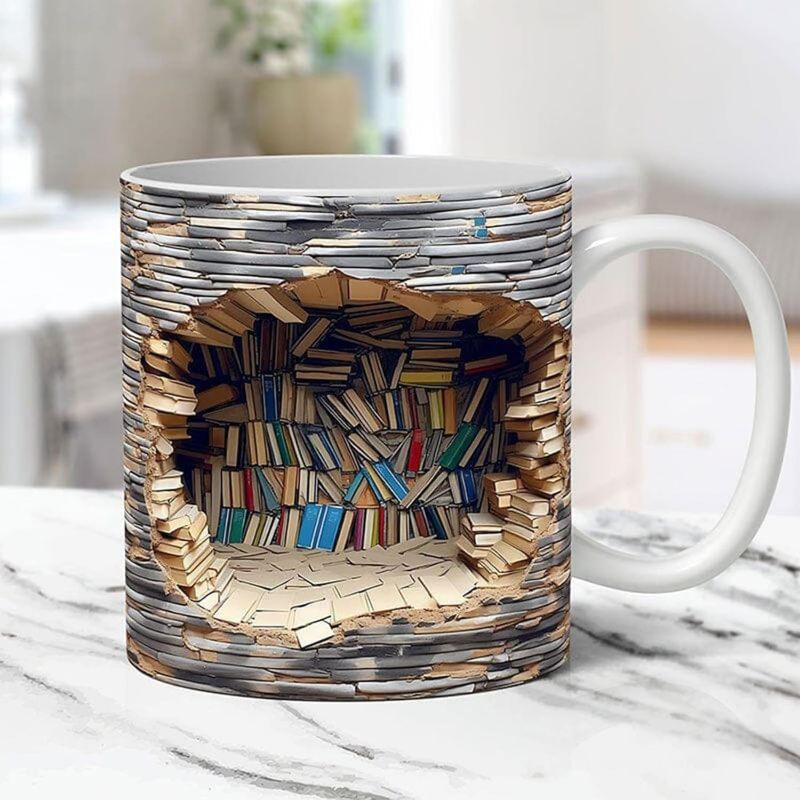 Photo 1 of 3D Bookshelf Mug - A Library Shelf Cup, Funny Library Bookshelf Mug, Book Lovers Coffee Mugs, Bookshelves Hole In A Wall Latte Mug, Creative Space Design Multi-Purpose Ceramic Mug (B)
