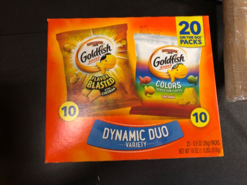 Photo 2 of Goldfish Dynamic Duo Variety Pack, Colors Cheddar & Flavor Blasted Xtra Cheddar, Snack Packs, 20 Ct Colors Cheddar and Flavor Blasted Xtra Cheddar BB 11/17/2024