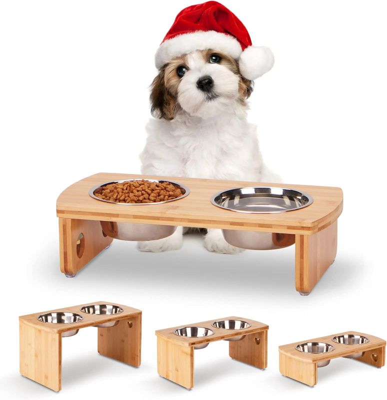 Photo 1 of 
Elevated Dog Bowls, Bamboo Raised Dog Bowl for Small Dogs & Cats, with 3 Stainless Steel Bowls (4'' Tall-20oz*2,12oz*1 Bowl)