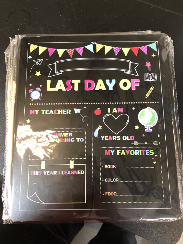 Photo 2 of First Day of School Sign Board, 12 x 10 Inch Double Sided Back to School Sign for Girls Boys, Kindergarten School Supplies + Scratch Paper, First and Last Day of School Chalkboard