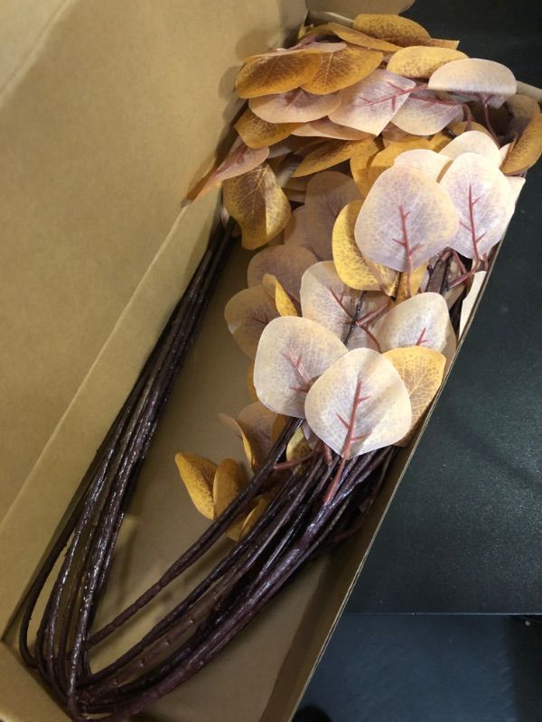 Photo 2 of 8 Pcs Fall Eucalyptus Leaves Artificial Fall Leaves, Autumn Leaf Fake Fall Flowers Floral Arrangements, Faux Floral Picks Fall Stems for Thanksgiving Table Centerpieces Decor