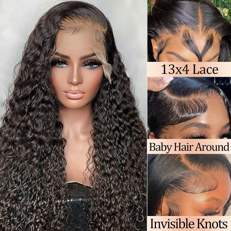 Photo 1 of 13x4 Deep Wave Lace Front Wigs Human Hair Pre Plucked 22 Inch Curly W LASHES 