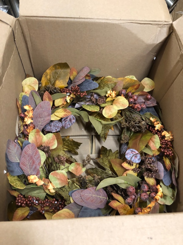 Photo 2 of 24" Fall Wreath for Front Door, Fully Handmade with Faux Eucalyptus, Magnolia Leaves, Maple Leaves, Berries, Natural Pine Cones, Fall Front Door Decor, 2024 New