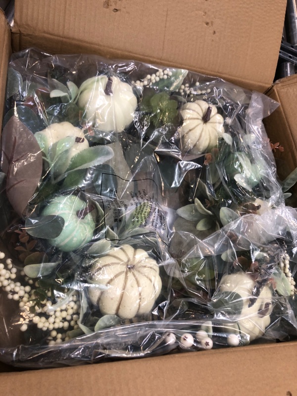 Photo 2 of Valery Madelyn Large Fall Wreaths for Front Door, 26 Inch Artificial Summer Eucalyptus Wreath with Lights for Home, Farmhouse White Pumpkin Succulent Wreaths for Outdoor Table Centerpiece Indoor Decor