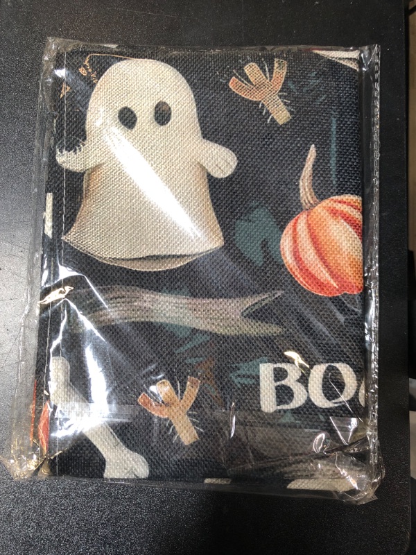 Photo 2 of Black Ghost Pumpkins Bone Boo Halloween Table Runner, Halloween Runners Decorations Indoor for Tables Home Party Decor 13x72 Inch