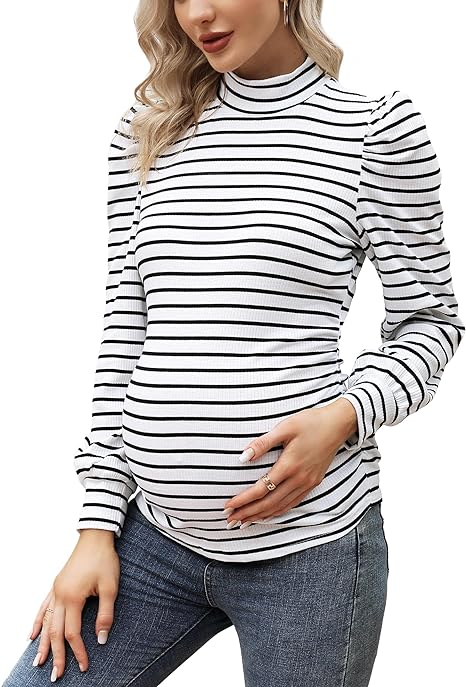 Photo 1 of Coolmee Women's Knit Ribbed Maternity Top Mock Neck Long Sleeve Shirts Pregnant Ruched Tunic Pullover Top XL