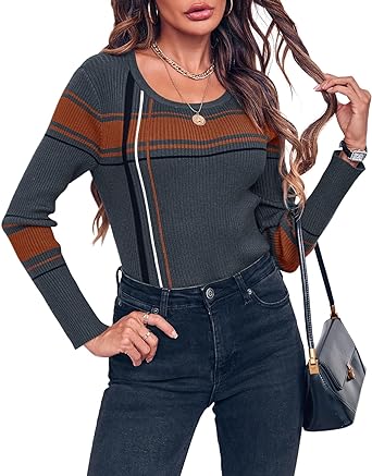 Photo 1 of Aoysky Women's Color Block Striped Pullover Sweaters Long Sleeve Crew Neck Slim Ribbed Knit Jumper Top Medium