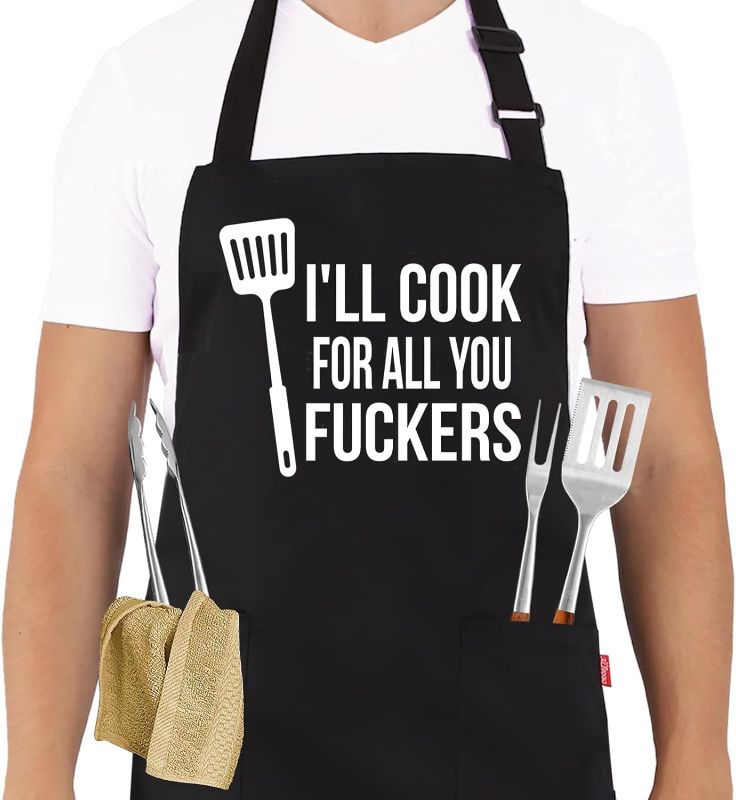 Photo 1 of ALIPOBO Cooking Apron for Men and Women, Funny Chef Kitchen Apron with 2 Pockets, Adjustable Neck Strap and 40" Long Ties - I'll Cook For All You- Black
