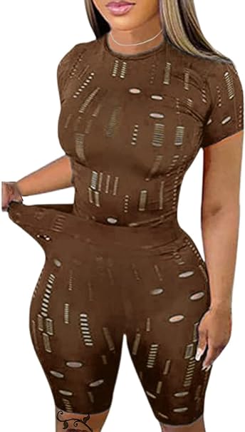 Photo 1 of Hilinker Women's Hollow Out 2 Piece Outfits Short Sleeve with Bodycon High Waisted Shorts
Small 