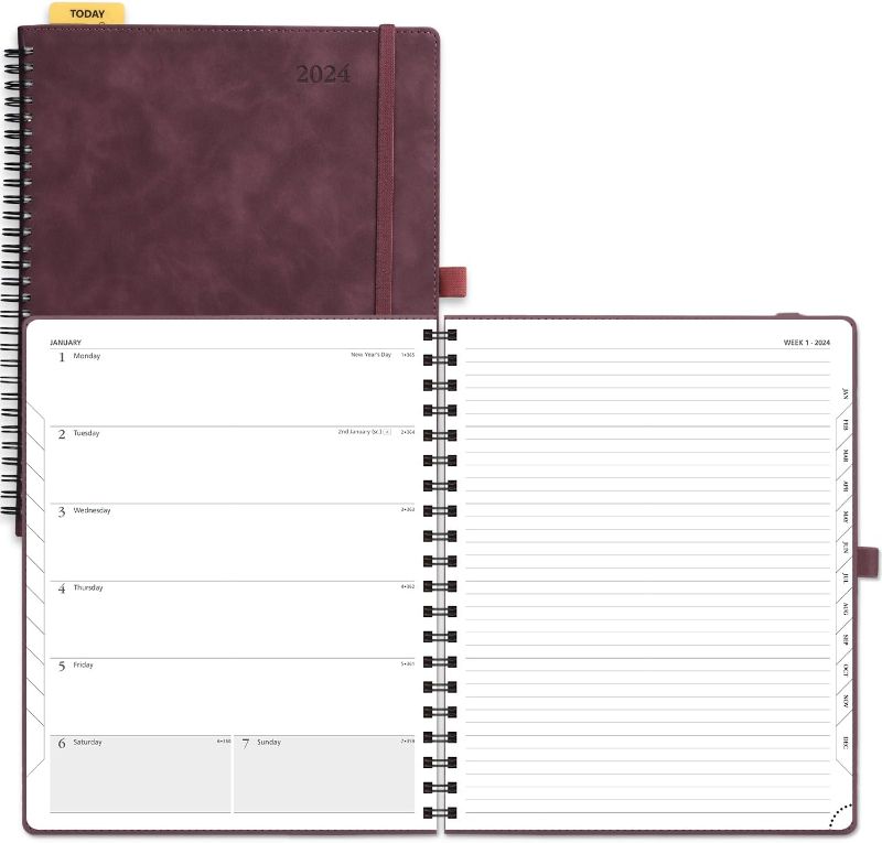 Photo 1 of POPRUN 2024 Planner Weekly Notebook 8.5'' x 10.5'', Agenda 2024 Appointment Book with Monthly Tabs, Spiral Soft Cover, Inner Pocket, 100 GSM - Claret
