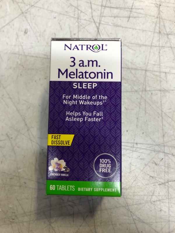 Photo 2 of Natrol 3 A.M. Melatonin Fast Dissolve Sleep Aid Supplement, Fall Back to Sleep, Dissolves in Mouth, Drug Free, 60 Lavender Vanilla Flavored Tablets 60 Count (Pack of 1) 3 AM Melatonin (EXP 07/31/25)