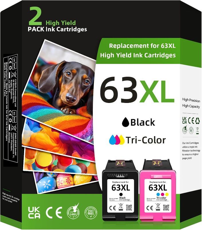 Photo 1 of UltraInk 63XL Ink Cartridge Black and Color Combo Pack for HP Ink 63 63XL High Yield Replacement Fit for Envy 4510 4520 4522 HP OfficeJet 3830 4650 5200 5255 5258 HP DeskJet 1112 2130 3630 (2 Pack)
