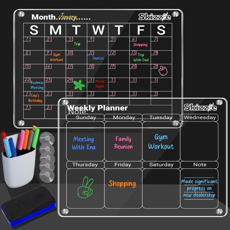 Photo 1 of SKIZZIE Magnetic Calendar for Refrigerator-16"x12" Clear Acrylic Calendar for Fridge 2-??-? with Magnetic Eraser, Magnetic Holder and 8 Colours Markers Dry Erase Board for Monthly/Weekly Planning
