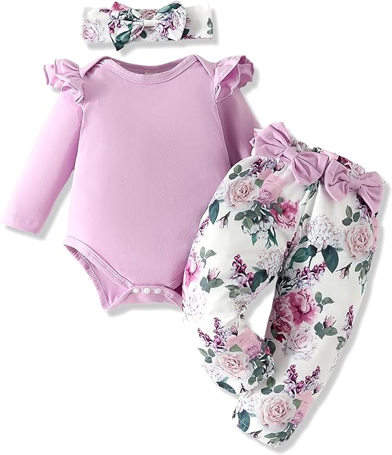 Photo 1 of AMAWMW Newborn Baby Girl Clothes Infant Baby Ruffle Romper Pants Summer Outfits 4PCS Gifts Set Toddler Girls' Clothing 6-12M