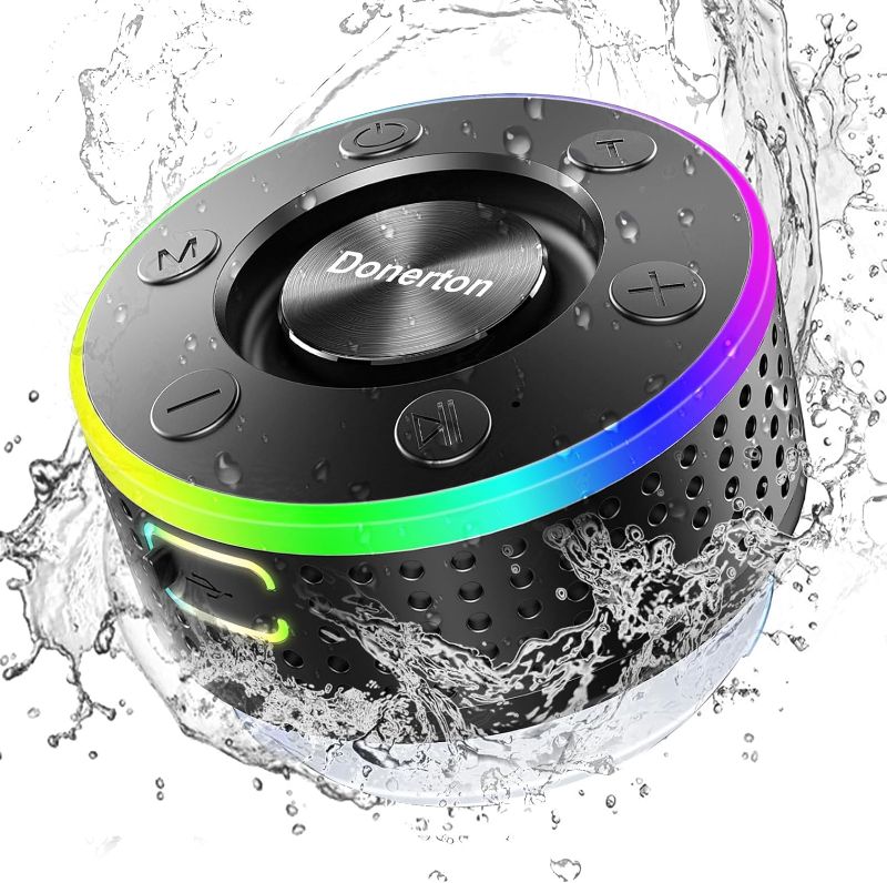 Photo 1 of Donerton Bluetooth Shower Speaker, IPX7 Waterproof Wireless Speaker with Suction Cup, Portable Speaker, 360 HD Surround Sound, LED Light Mini Speakers, Dual Stereo Pairing, Built-in Mic, Radio(Black)
