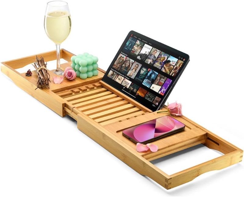 Photo 1 of +++DAMAGED BOX+++ Luxury Bathtub Tray Caddy - Foldable Waterproof Bath Tray & Bath Caddy - Wooden Tub Organizer & Holder for Wine, Book, Soap, Phone Luxury Gift For Men & Women - Expandable Size, Fits Most Tubs Home It