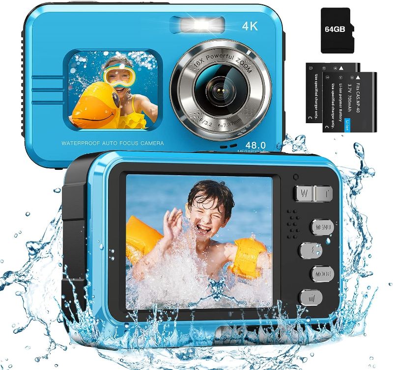 Photo 1 of **MISSING SD CARD, EXTRA BATTERIES** 4K Waterproof Camera Underwater Camera 64GB Card Included in the Adapter Dual Screens Selfie 48MP 16X Digital Zoom Digital Camera Fill Light 11FT Underwater Camera for Snorkeling Kids with 2 Batteries
