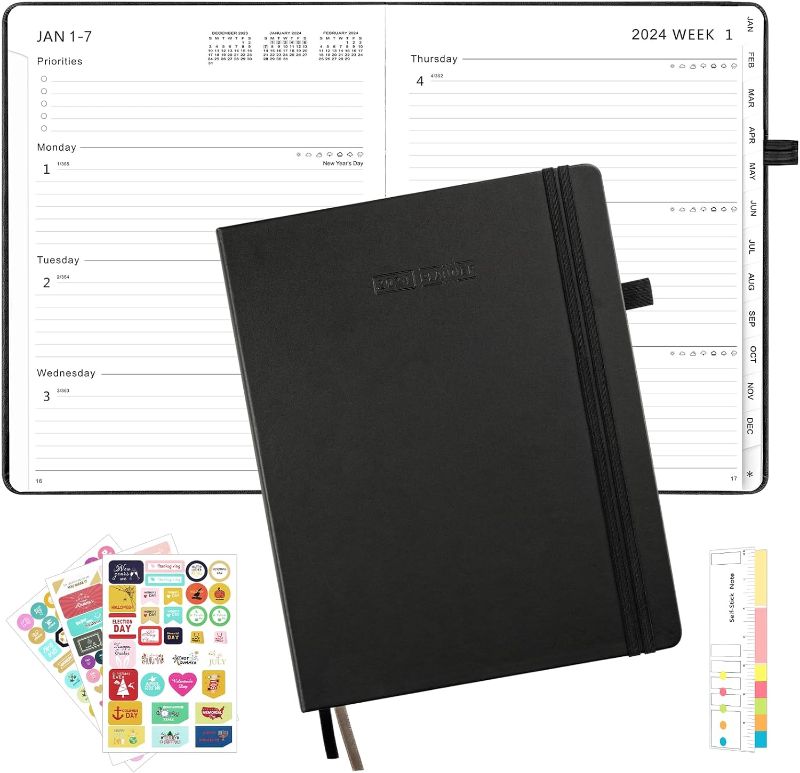 Photo 1 of Ospelelf Planner 2024, 2024 Calendar 12 Monthly Planner and Weekly Planner 8.5" x 11", Interior Pocket, Bookmark Cord, Elastic Closure and Pen Loop Series, Faux Black Leather
