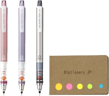 Photo 1 of Kuru Toga Auto Lead Rotation Mechanical Pencil Standard Model 0.5 mm, Body Color(Baby Pink/Violet/Silver), 3-pack, Sticky Notes Value Set
