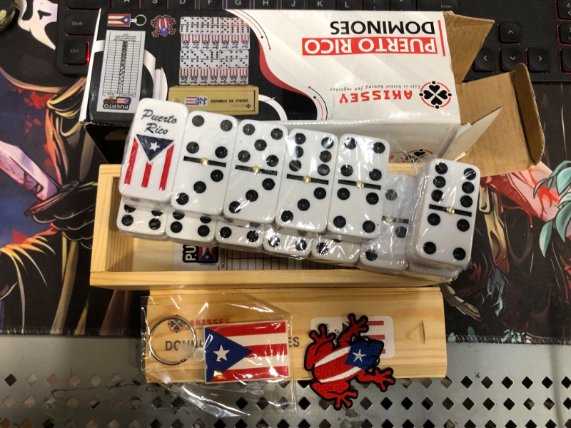 Photo 2 of ++MISSING SOME DOMINO PCS++ Puerto Rico Dominoes, Puerto Rican Dominoes with Flag Engraved, Puerto Rico Dominos with a Scorecard, Coqui Patch and Boricua Pride Keyfob